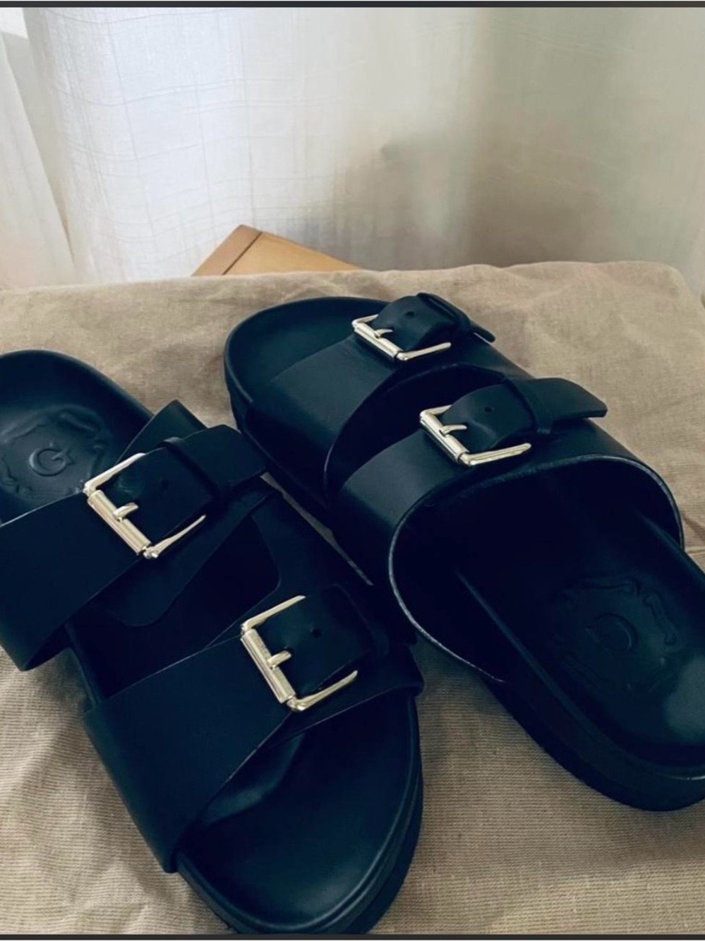 Black Double-Buckle Slide Sandals - Women